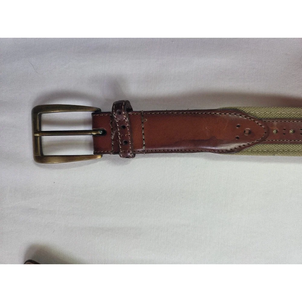 Johnston & Murphy Mens Canvas Leather Brass Buckle Belt 42 Brown Khaki Preppy